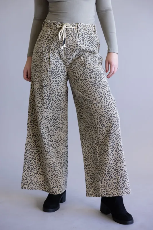 Mustard Seed Leopard Wide Leg Print Drawstring Pants for Women in Brown | S25344-MILKTEA sold by Glik’s