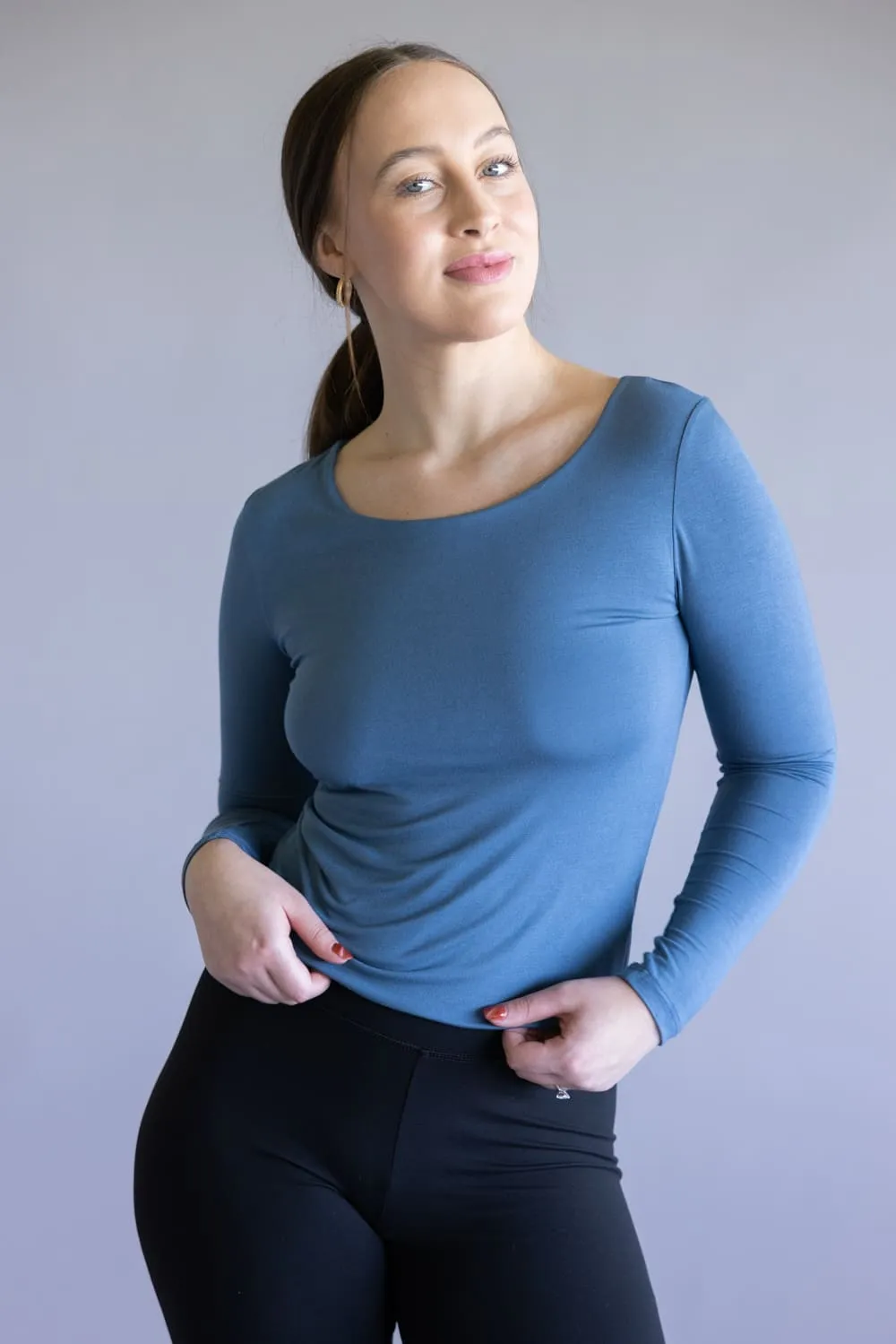 Seamless Double Layer Knit Top for Women in Blue Slate | T31152-SLATE sold by Glik’s product image thumbnail 3