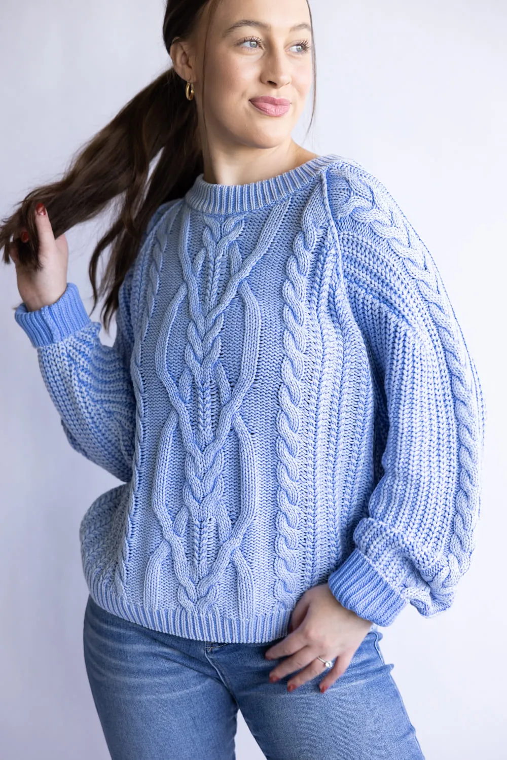Free People Frankie Cable Sweater for Women in Della Robbia Blue | OB1790202-4021-DELLAROBBIABLUE sold by Glik’s