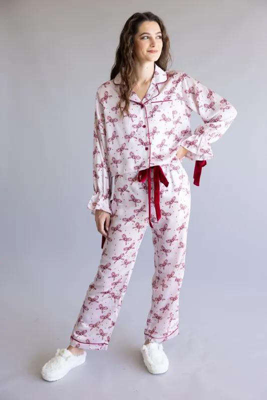 Simply Southern Candy Cane Bow Holiday Satin Pajama Set for Women in Pink | PP-0225-PJ-SET-LS-HLDY-PNBW sold by Glik’s