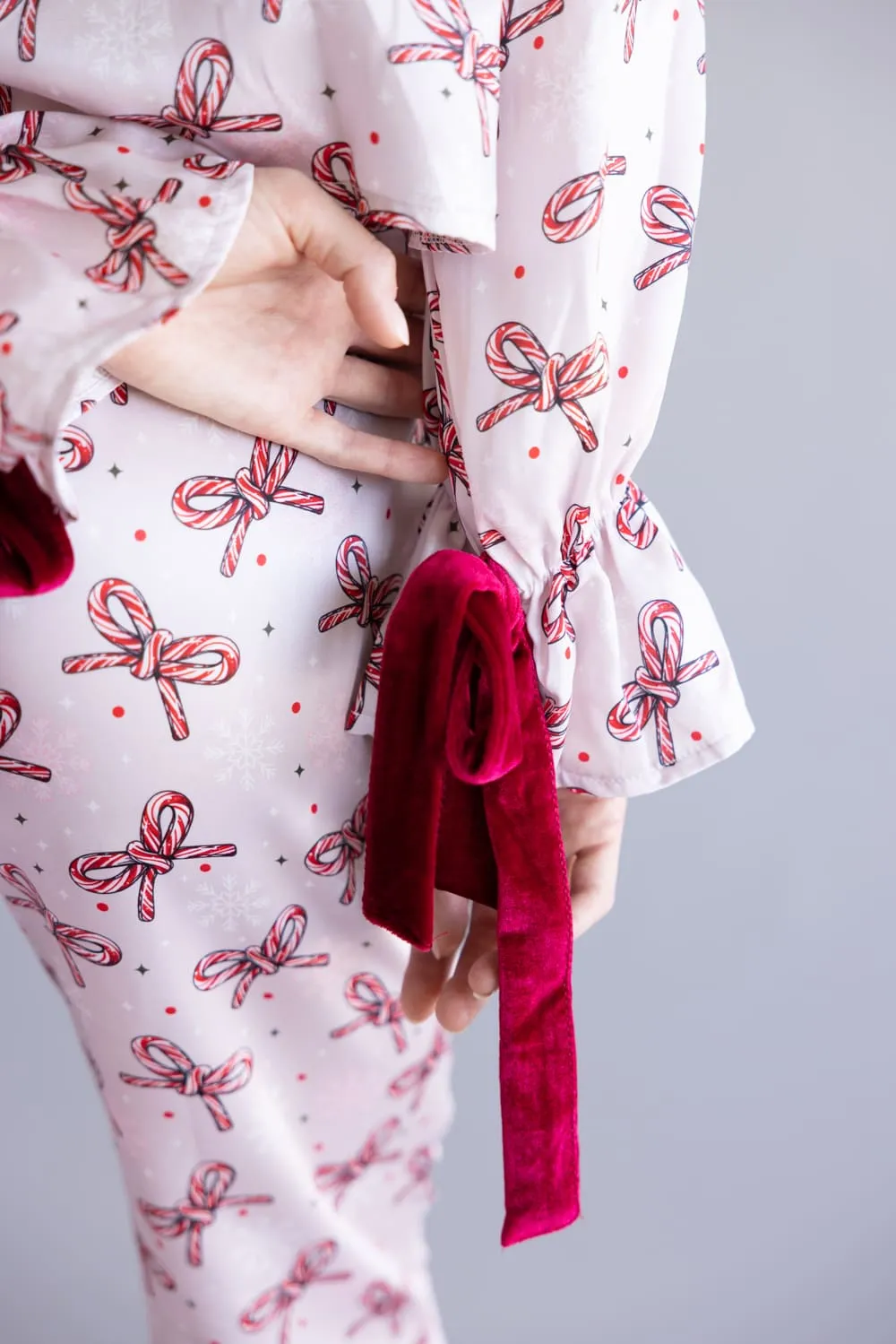 Simply Southern Candy Cane Bow Holiday Satin Pajama Set for Women in Pink | PP-0225-PJ-SET-LS-HLDY-PNBW sold by Glik’s product image thumbnail 5