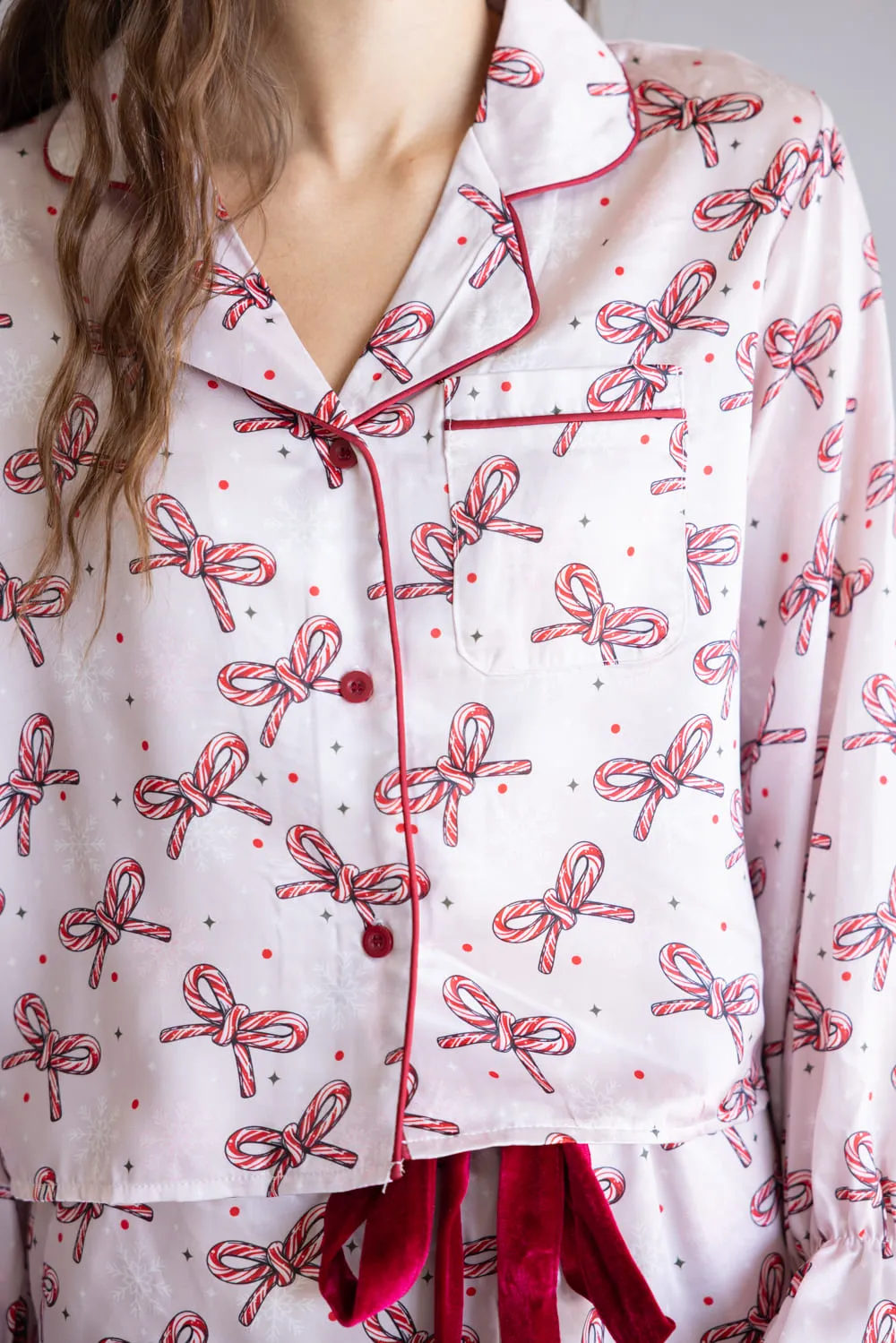 Simply Southern Candy Cane Bow Holiday Satin Pajama Set for Women in Pink | PP-0225-PJ-SET-LS-HLDY-PNBW sold by Glik’s product image thumbnail 3