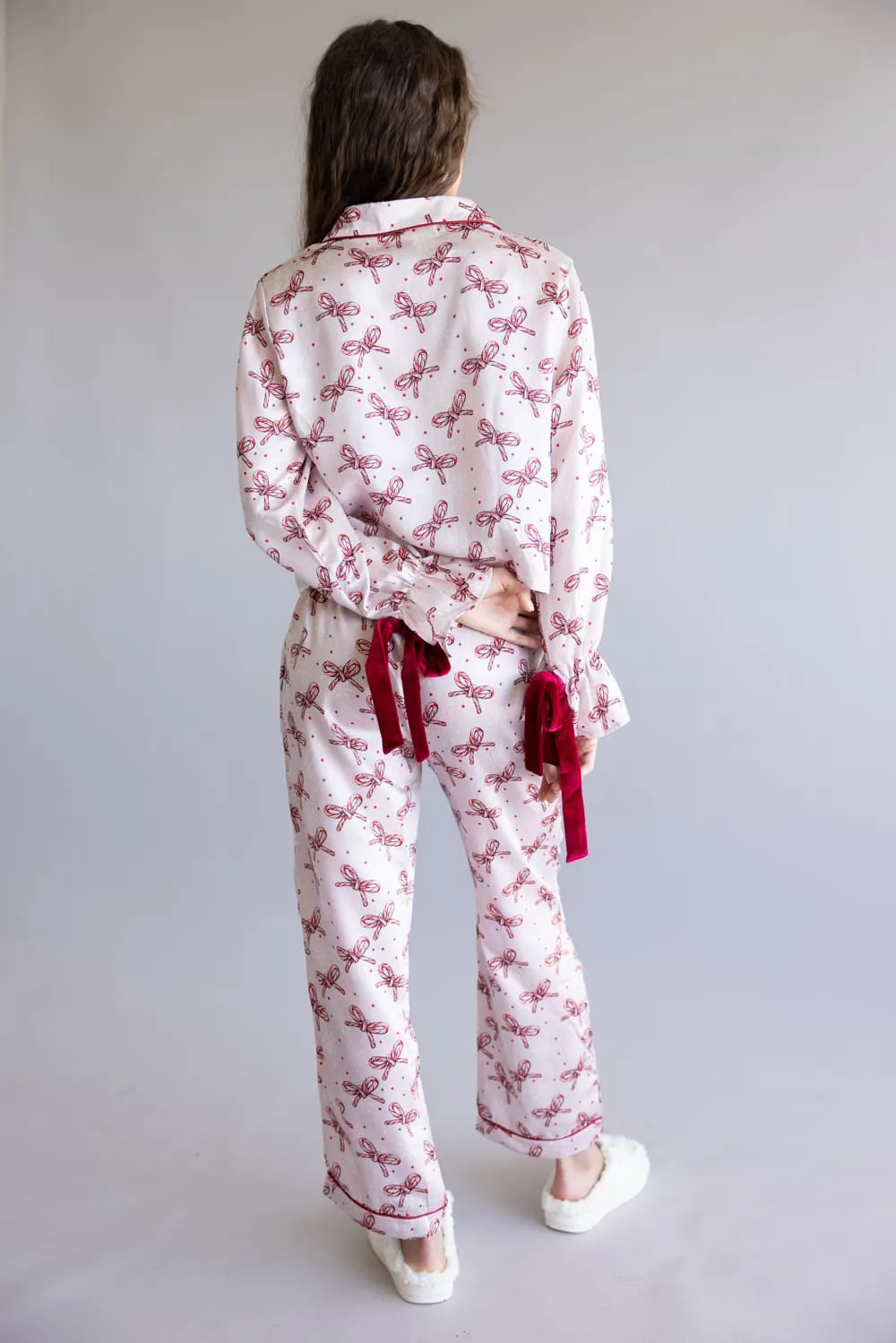 Simply Southern Candy Cane Bow Holiday Satin Pajama Set for Women in Pink | PP-0225-PJ-SET-LS-HLDY-PNBW sold by Glik’s product image thumbnail 2