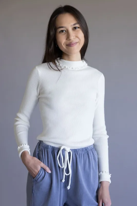 Ribbed Mock Neck Lettuce Hem Top for Women in White | 344BN-WHT sold by Glik’s