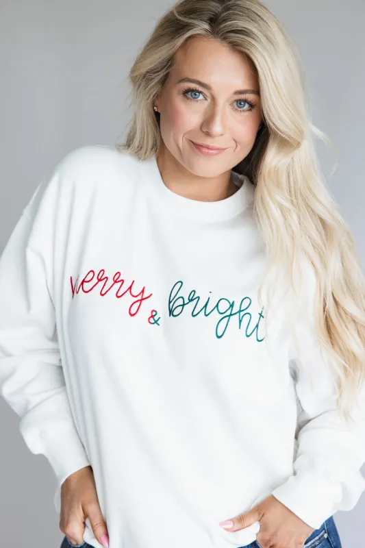 1897 Active Merry and Bright Embroidered Fleece Sweatshirt for Women in White | GT707-MERRYBRIGHT-IVORY sold by Glik’s