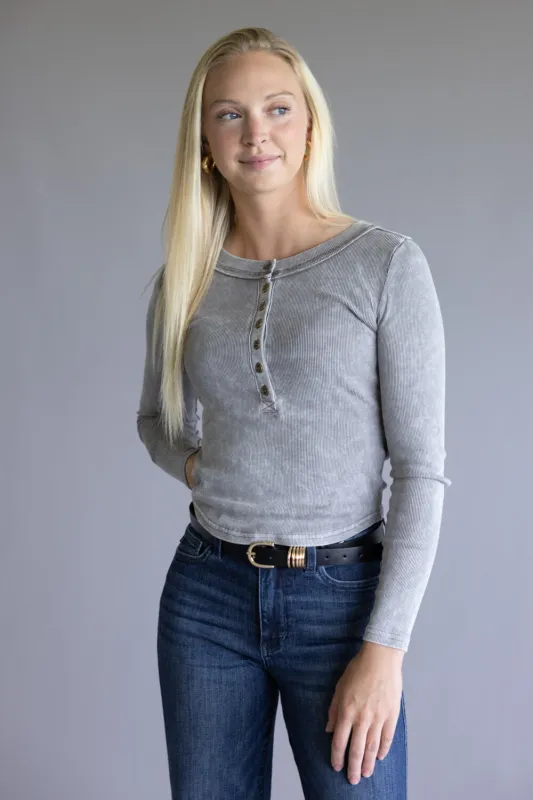 Blu Pepper Mineral Wash Henley Shirt for Women in Charcoal | J5FT1037-CHARCOAL sold by Glik’s