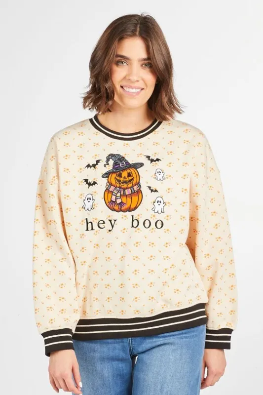 Simply Southern Hey Boo Pumpkin Sweater for Women in Cream | PP-0225-CRW-VARSITY-HLD-PMK sold by Glik’s