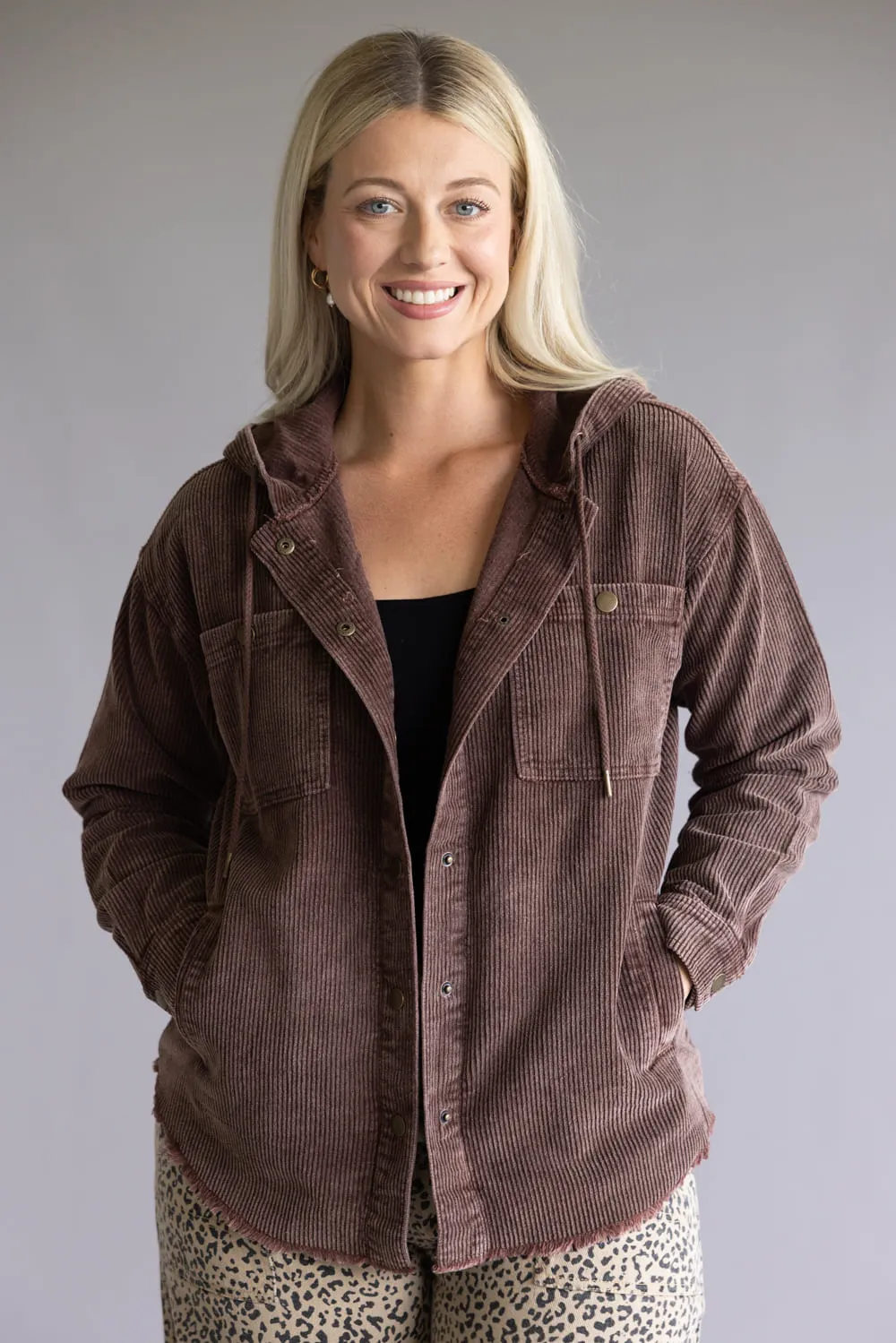 Corduroy Hooded Shacket for Women in Brown | OT35940-BROWN sold by Glik’s product image thumbnail 4