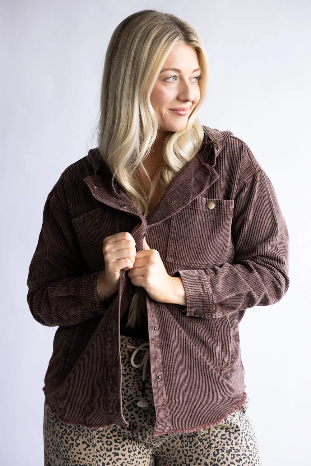 Corduroy Hooded Shacket for Women in Brown | OT35940-BROWN sold by Glik’s