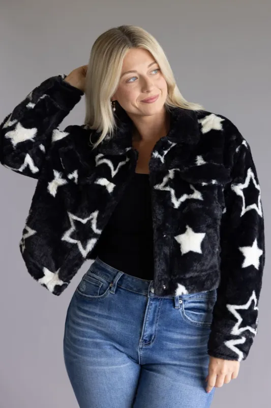 Star Faux Fur Cropped Coat for Women in Black | 11560-BLACKWHITESTAR sold by Glik’s