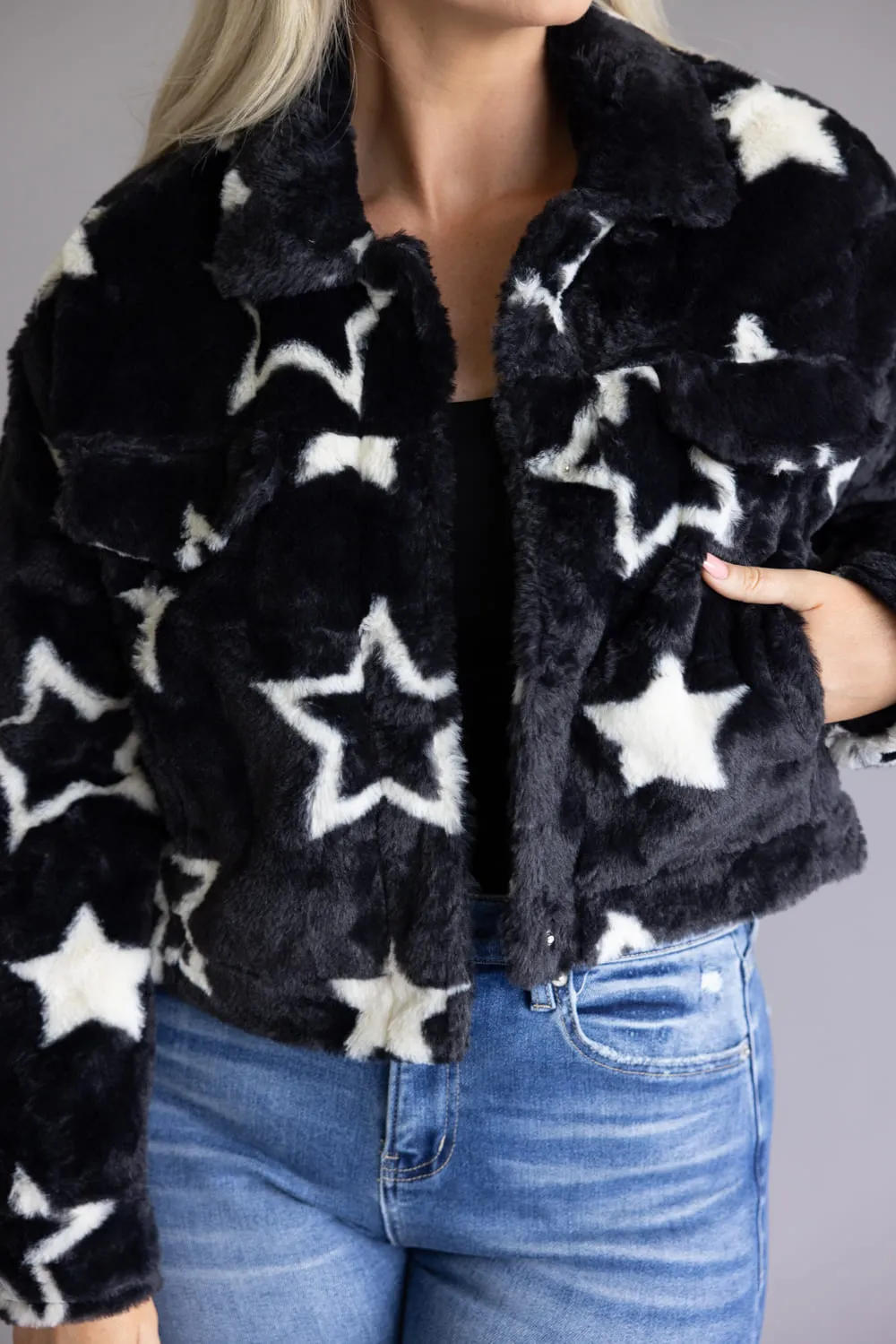 Star Faux Fur Cropped Coat for Women in Black | 11560-BLACKWHITESTAR sold by Glik’s product image thumbnail 5