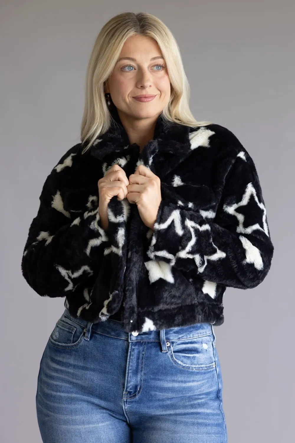 Star Faux Fur Cropped Coat for Women in Black | 11560-BLACKWHITESTAR sold by Glik’s product image thumbnail 3