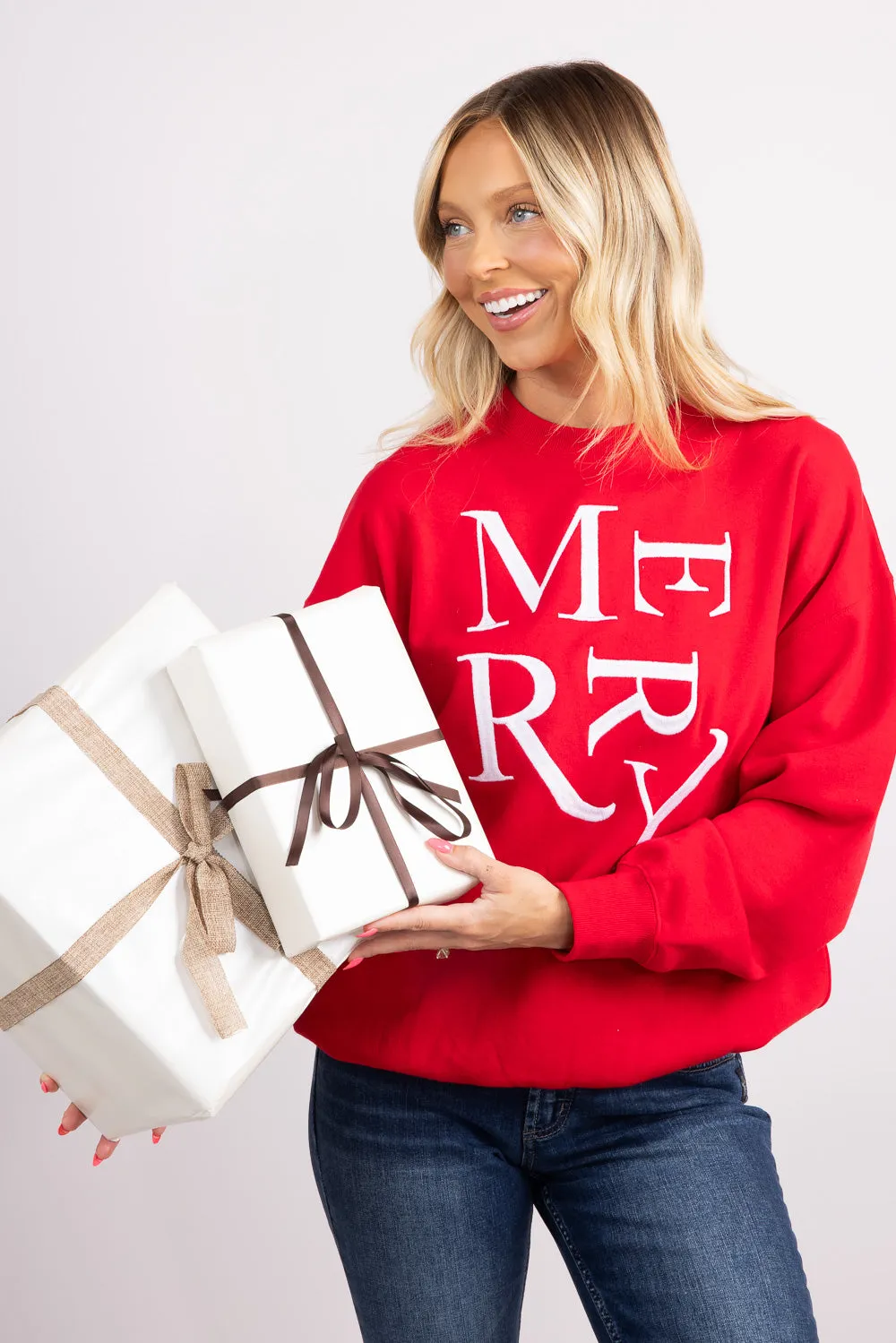 1897 Active Merry Stack Embroidered Fleece Sweatshirt for Women in Red | GT406-MERRY-RED sold by Glik’s
