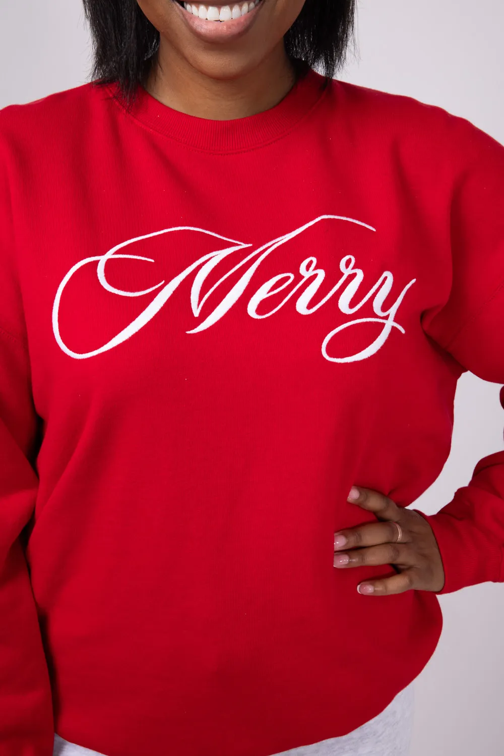 1897 Active Merry Script Embroidered Fleece Sweatshirt for Women in Red | GT049-MERRY-RED sold by Glik’s product image thumbnail 2