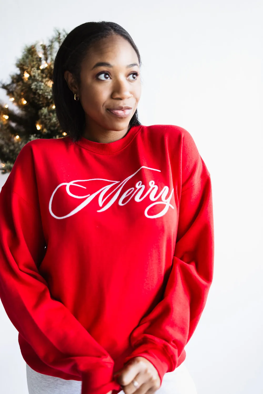 1897 Active Merry Script Embroidered Fleece Sweatshirt for Women in Red | GT049-MERRY-RED sold by Glik’s