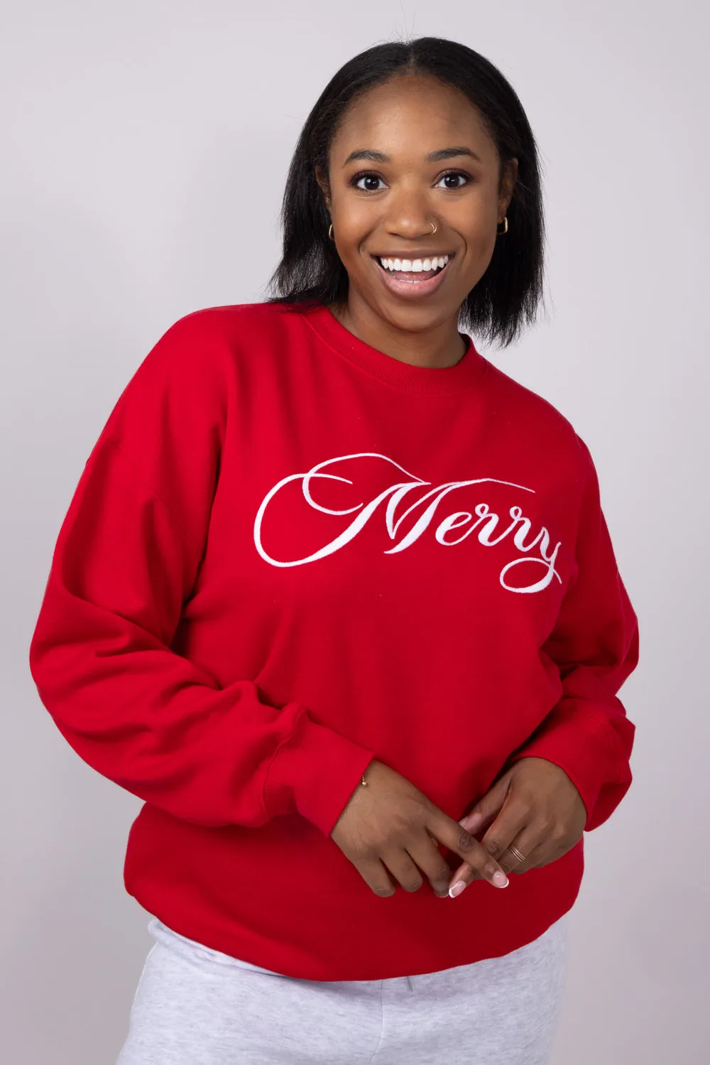 1897 Active Merry Script Embroidered Fleece Sweatshirt for Women in Red | GT049-MERRY-RED sold by Glik’s product image thumbnail 3