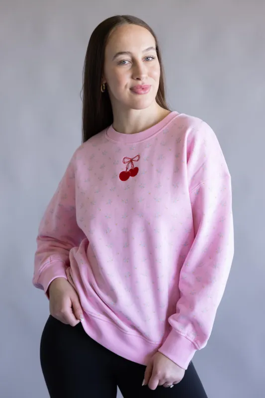 Simply Southern Cherry Varsity Crew Sweatshirt for Women in Pink | PP-0225-CRW-VARSITY-CHERRY sold by Glik’s