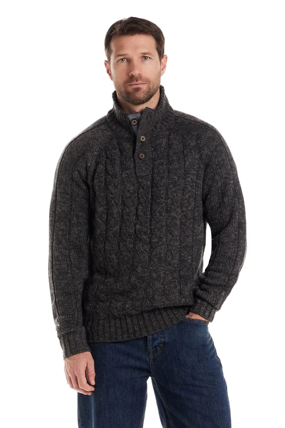 Weatherproof Vintage Cable Knit Button Mock Neck Sweater for Men in Charcoal | F2540639GK-CHARCOAL sold by Glik’s