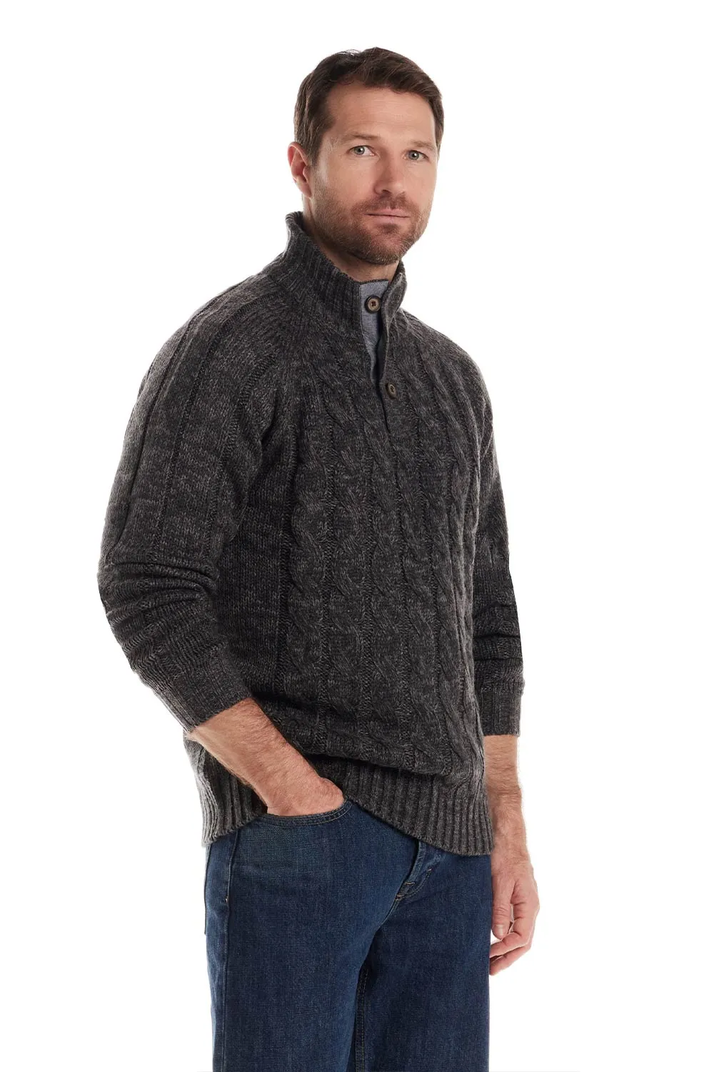 Weatherproof Vintage Cable Knit Button Mock Neck Sweater for Men in Charcoal | F2540639GK-CHARCOAL sold by Glik’s product image thumbnail 4
