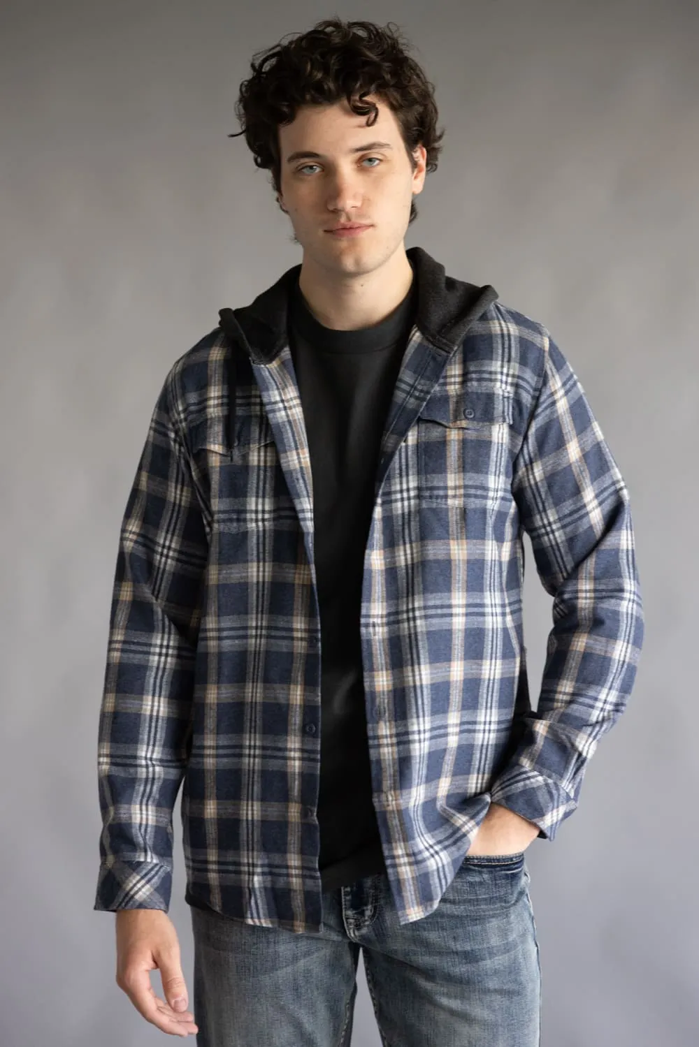 Hooded Plaid Flannel for Men in Washed Denim | TT8291GL-WASHEDDENIM sold by Glik’s product image thumbnail 4