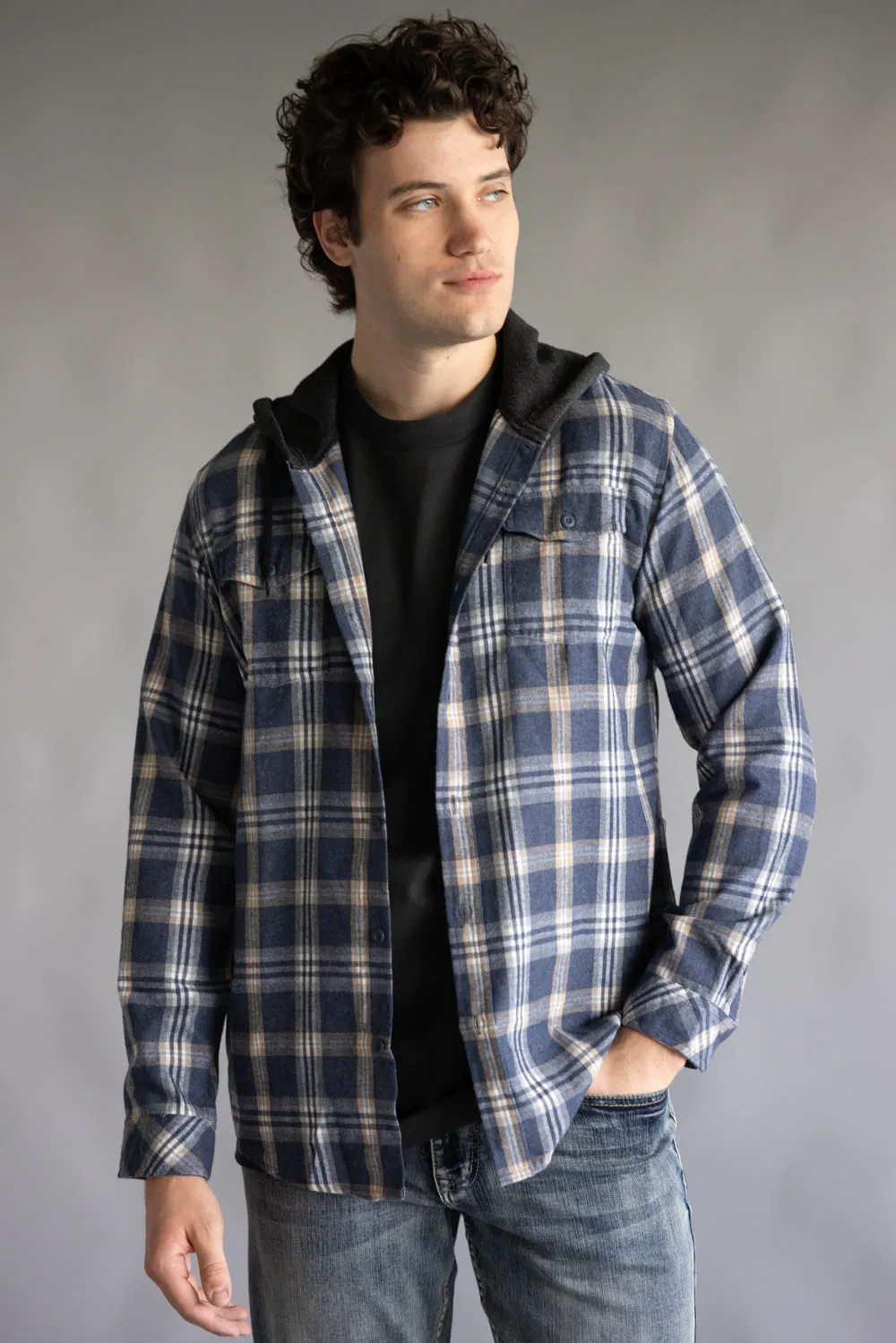 Hooded Plaid Flannel for Men in Washed Denim | TT8291GL-WASHEDDENIM sold by Glik’s product image thumbnail 5