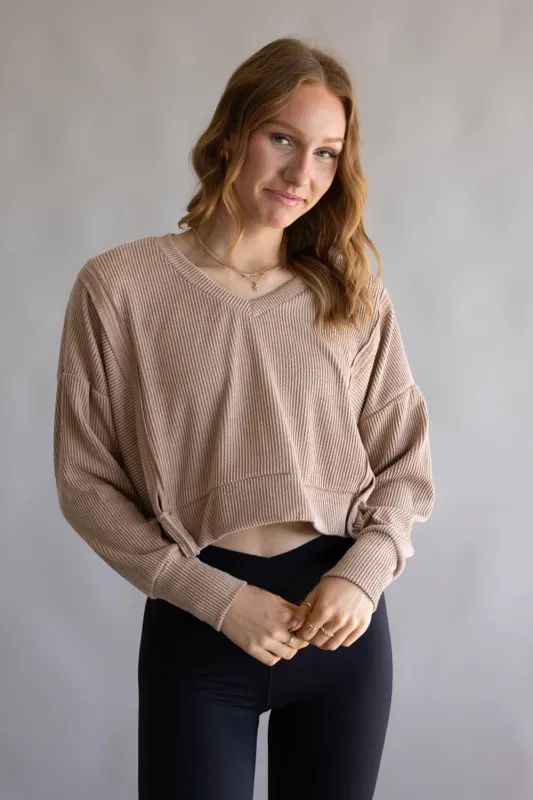 Simply Southern V-Neck Crop Pullover Top for Women in Umber Tan | PP-0225-SWTR-KNT-UMBER sold by Glik’s