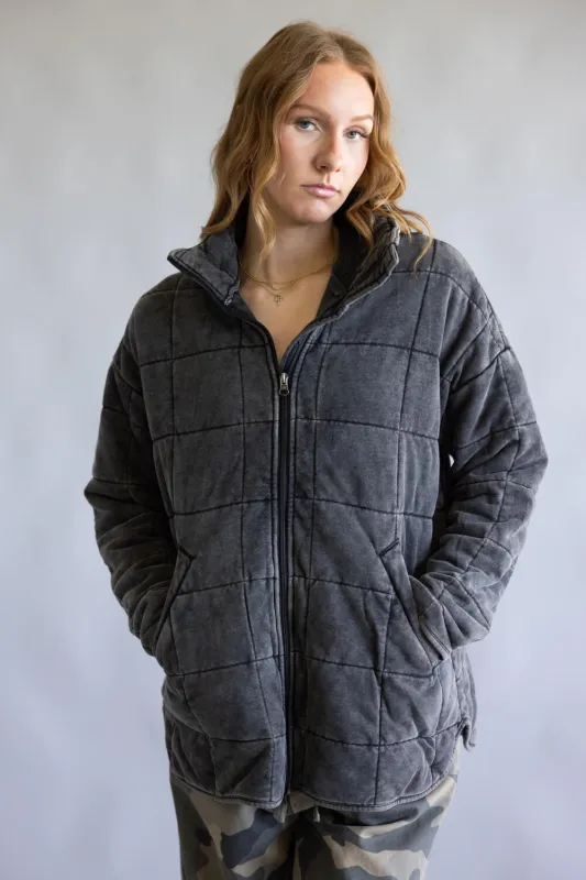 Garment Washed Quilted Jacket for Women in Charcoal | KDC-JKT-18-CHAR-OOS sold by Glik’s