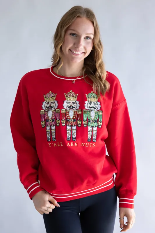 Simply Southern Holiday Nutcracker Varsity Crew Sweatshirt for Women in Red | PP-0225-CRW-VARSITY-HLDY-NT sold by Glik’s