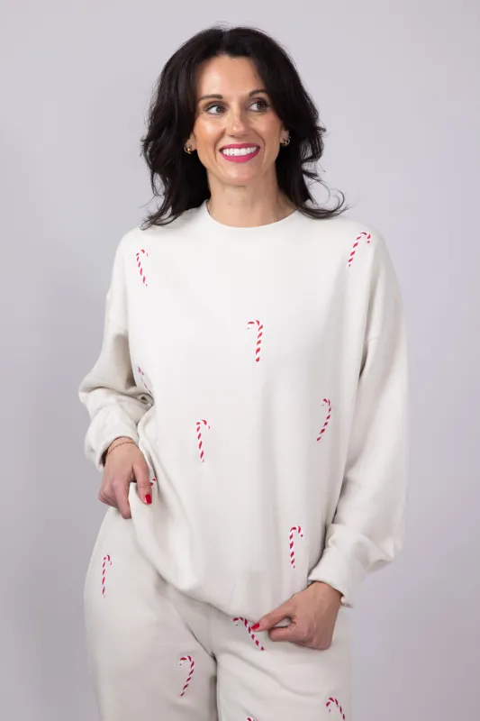 1897 Active Candy Cane Embroidered Fleece Sweatshirt for Women in Beige | GT407-BEIGE sold by Glik’s