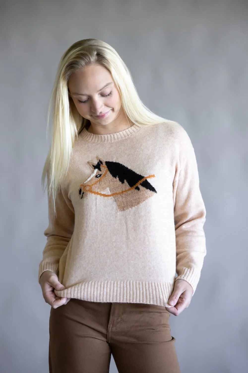 Simply Southern Anastasia Horse Crew Neck Sweater for Women in Tan | PP-0225-SWTR-ANASTASIA-HRS sold by Glik’s product image thumbnail 2