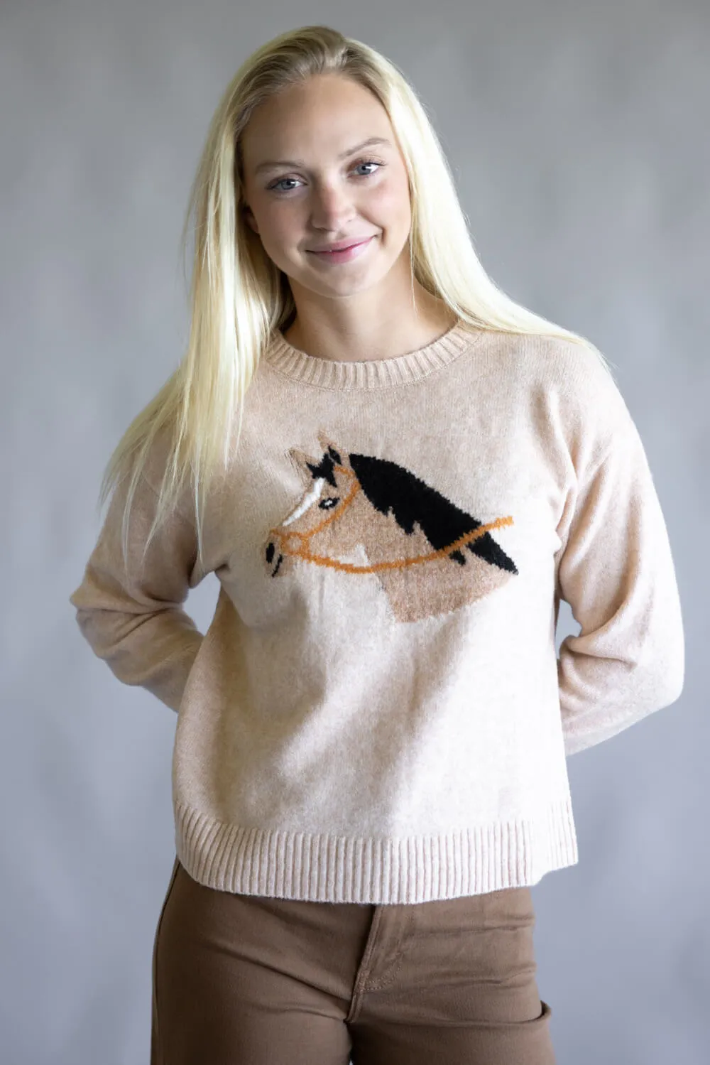Simply Southern Anastasia Horse Crew Neck Sweater for Women in Tan | PP-0225-SWTR-ANASTASIA-HRS sold by Glik’s