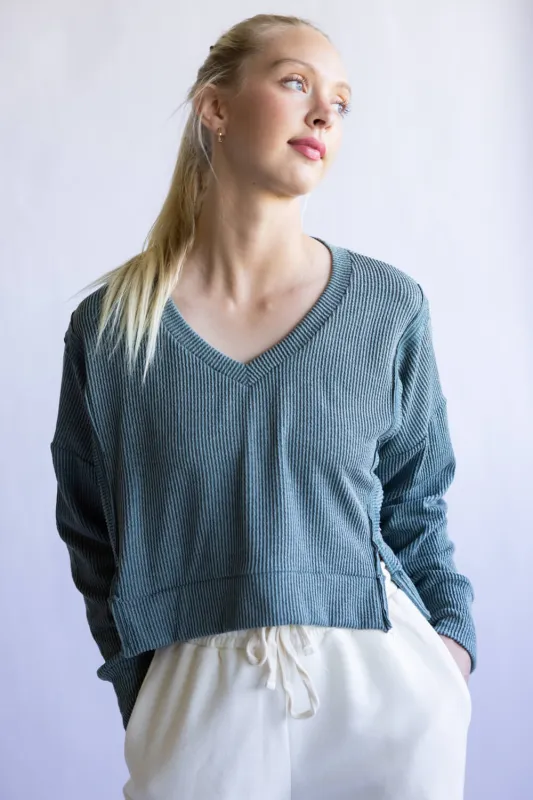 Simply Southern V-Neck Crop Pullover Top for Women in Jade | PP-0225-SWTR-KNT-JADE sold by Glik’s