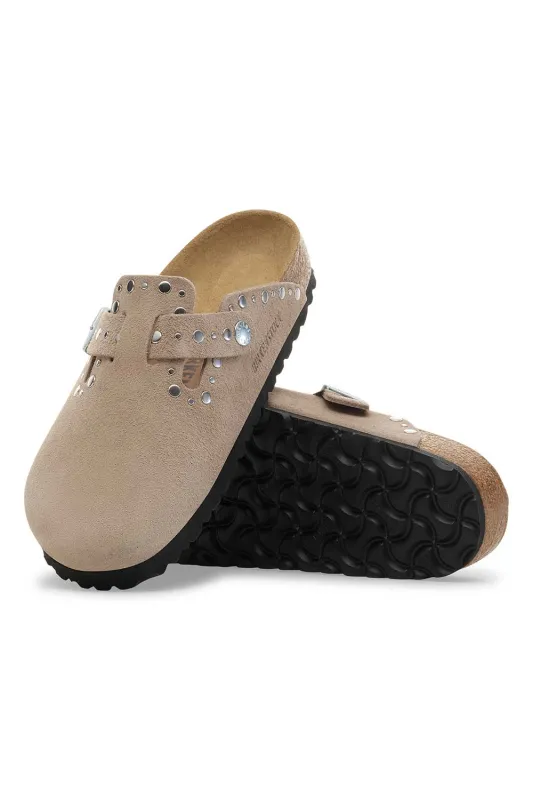 Birkenstock Boston Rivet Border Suede Leather Clogs for Women in Taupe | 1030418 sold by Glik’s