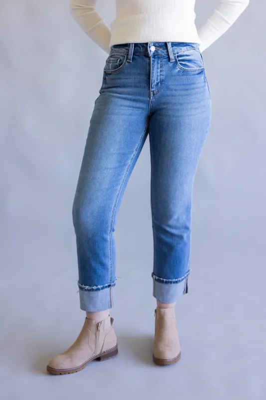 Vervet Daphne High-Rise Cuffed Straight Jeans for Women in Medium Wash | T6600 sold by Glik’s