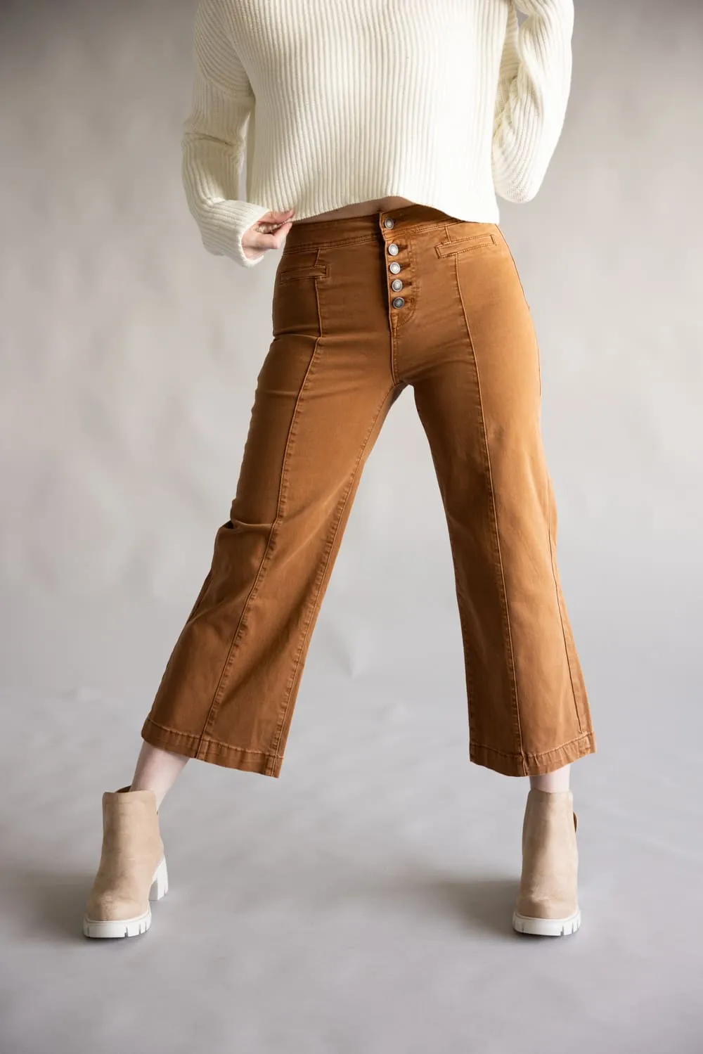 Mica High Rise Button Fly Cropped Wide Leg Jeans for Women in Caramel | MDP-W2004CL sold by Glik’s