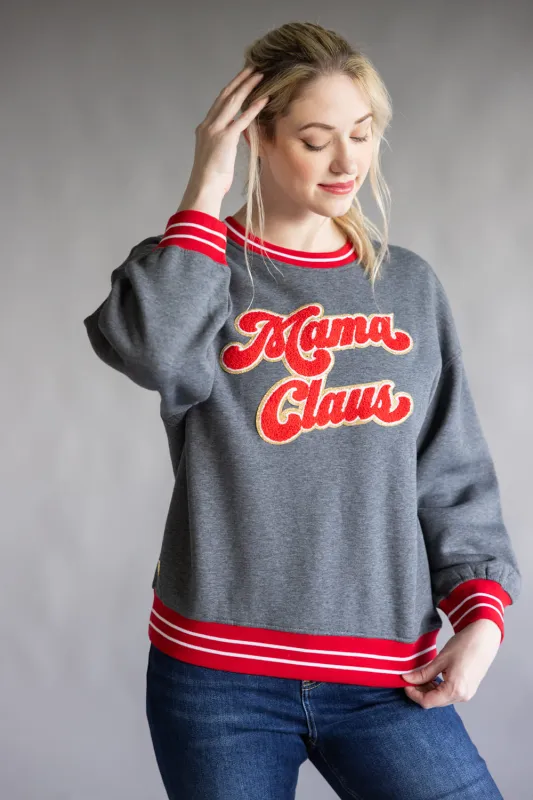 Simply Southern Holiday Mama Claus Varsity Crew Sweatshirt for Women in Gray | PP-0225-CRW-VARSITY-HLD-CLS sold by Glik’s