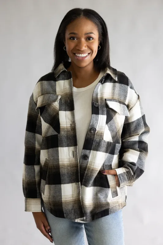 Love Tree Sherpa Lined Plaid Jacket for Women in Black | 80383JN-BLACK sold by Glik’s