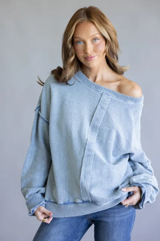 Simply Southern Drop Shoulder Pullover for Women in Denim | PP-0225-PULL-LEONA-DENIM sold by Glik’s