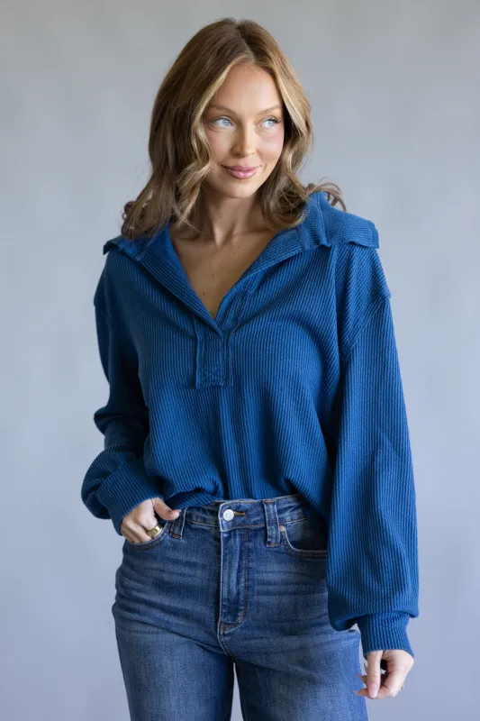 Simply Southern Knit Johnny Collar for Women in Dark Blue | PP-0225-TOP-KNT-CLR-DKBLUE sold by Glik’s