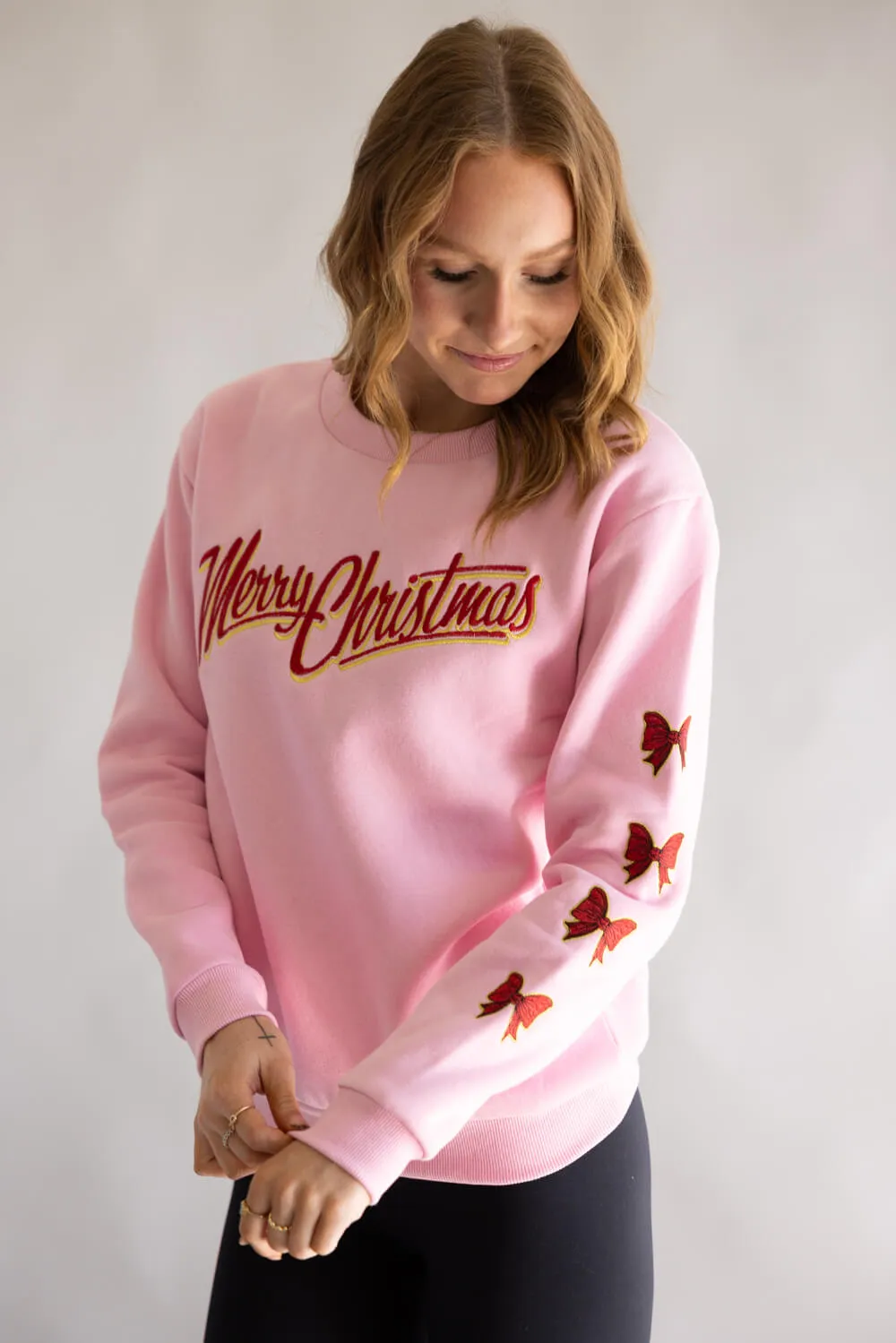 Simply Southern Embroidered Holiday Bow Sweatshirt for Women in Pink | PP-0225-CRW-DILARA-MERRY sold by Glik’s product image thumbnail 3