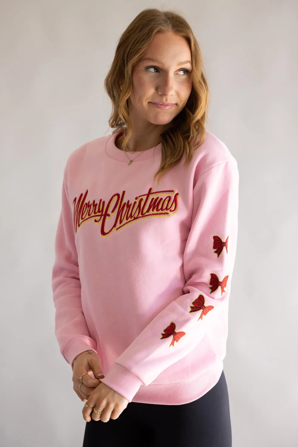 Simply Southern Embroidered Holiday Bow Sweatshirt for Women in Pink | PP-0225-CRW-DILARA-MERRY sold by Glik’s product image thumbnail 2