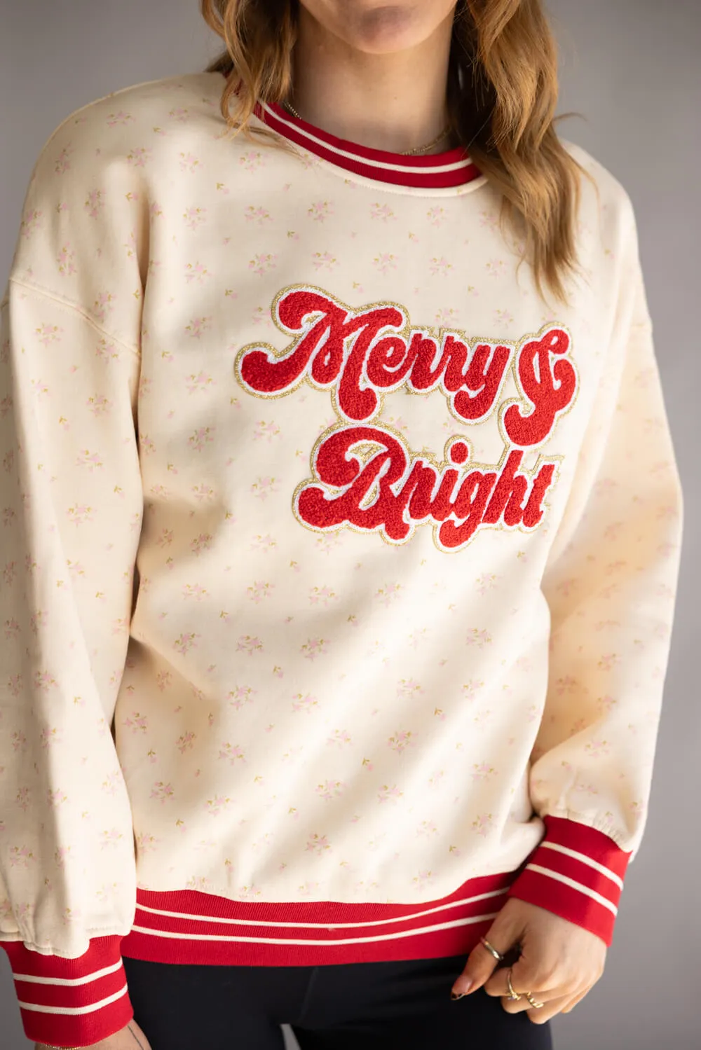 Simply Southern Merry & Bright Varsity Crew Sweatshirt for Women in Cream | PP-0225-CRW-VARSITY-HLD-MRY sold by Glik’s product image thumbnail 2