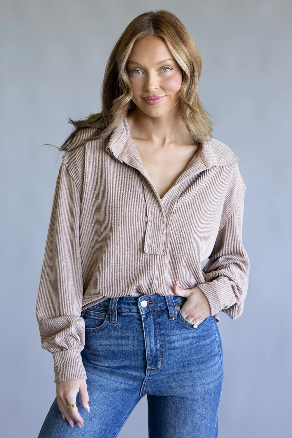 Simply Southern Knit Johnny Collar for Women in Umber | PP-0225-TOP-KNT-CLR-UMBER sold by Glik’s product image thumbnail 2