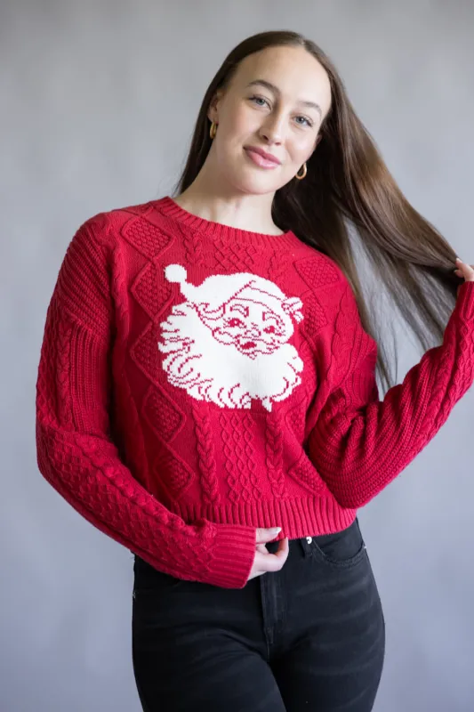 Simply Southern Santa Face Crop Sweater for Women in Red | PP-0225-SWTR-ELENA-SNT sold by Glik’s