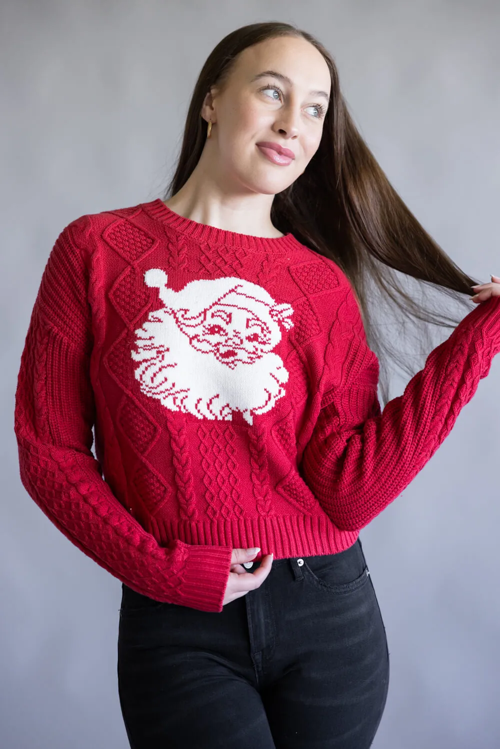 Simply Southern Santa Face Crop Sweater for Women in Red | PP-0225-SWTR-ELENA-SNT sold by Glik’s product image thumbnail 2