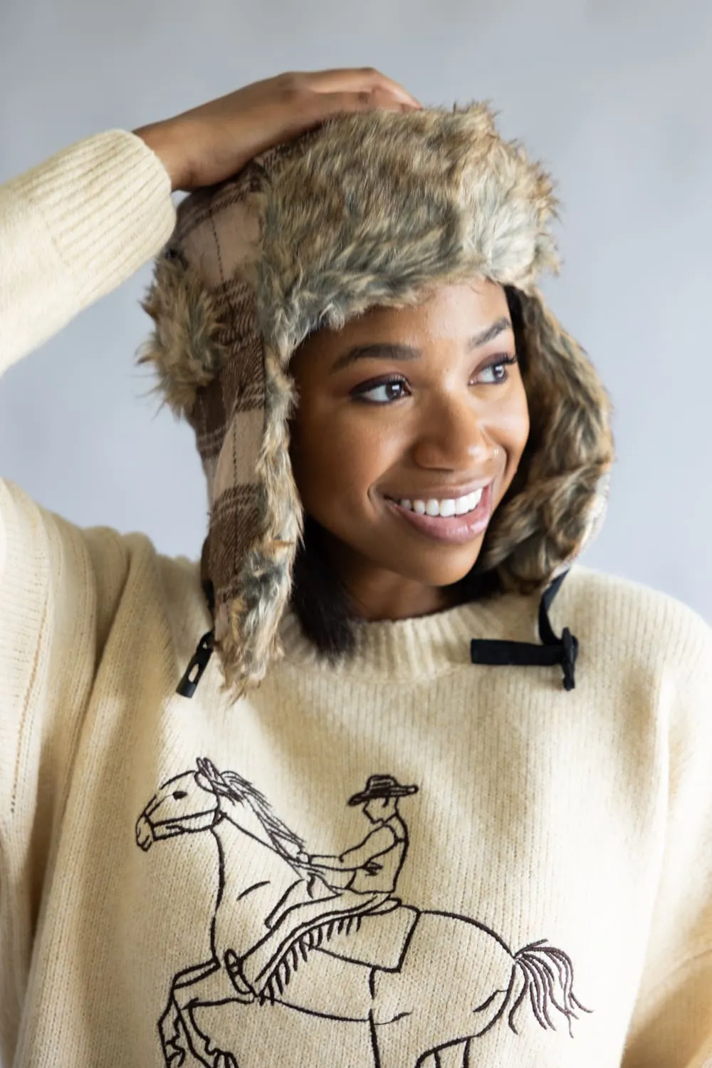 Faux Fur Trapper Hat for Women in Brown Plaid | FF06C-BROWN sold by Glik’s product image thumbnail 2