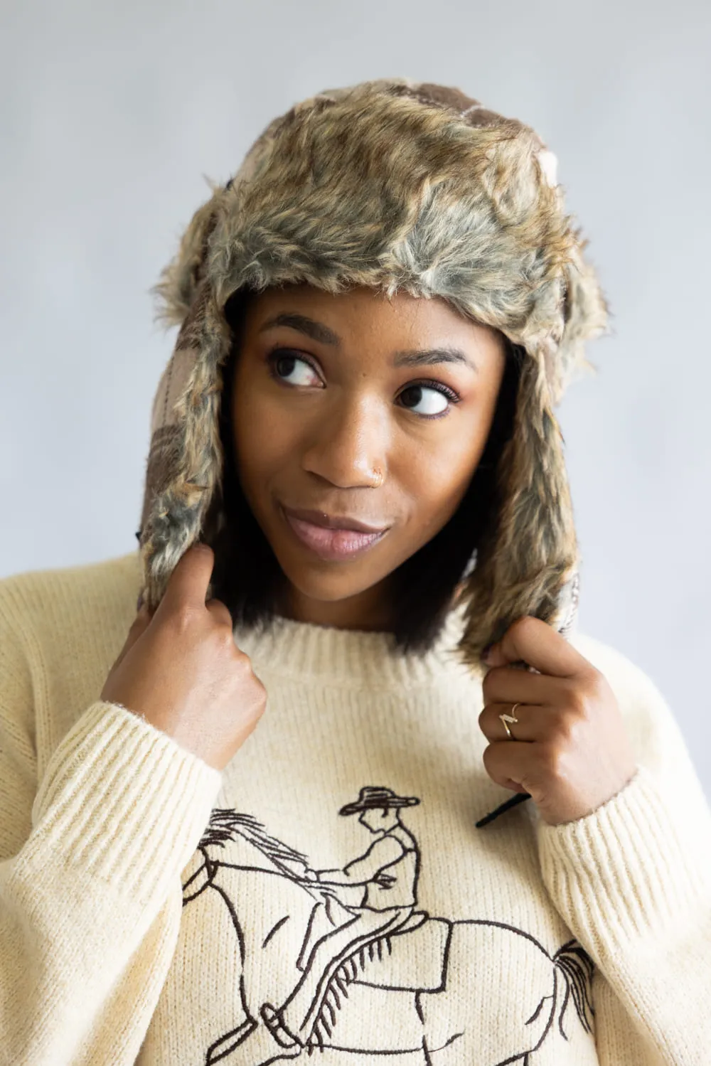 Faux Fur Trapper Hat for Women in Brown Plaid | FF06C-BROWN sold by Glik’s