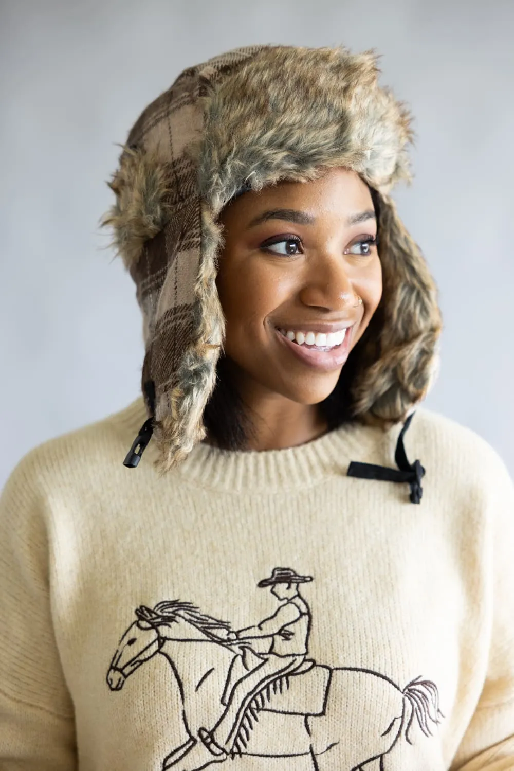Faux Fur Trapper Hat for Women in Brown Plaid | FF06C-BROWN sold by Glik’s product image thumbnail 3