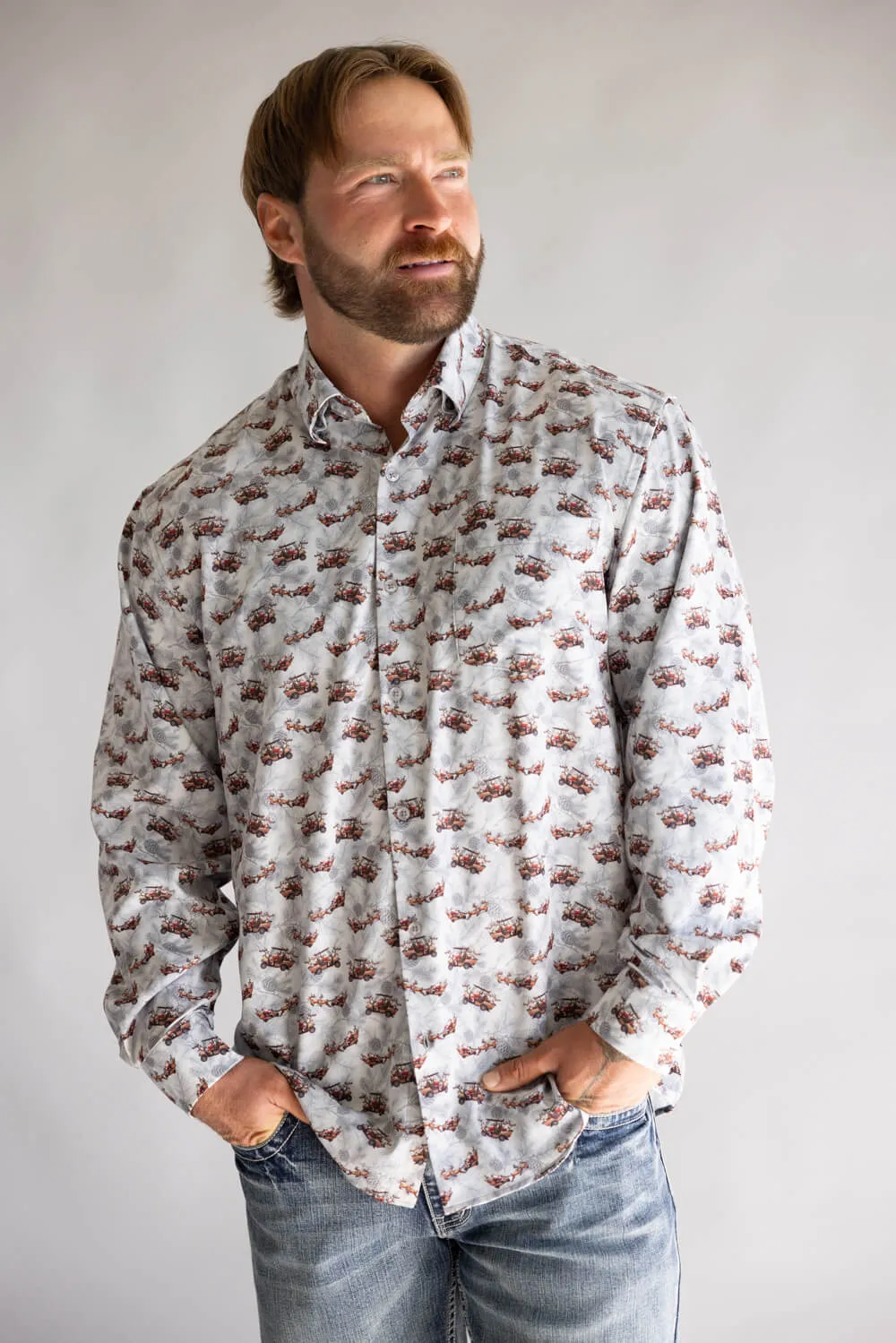 Santa Sleigh Button Up Shirt for Men in Silver | J1406-SILVER sold by Glik’s
