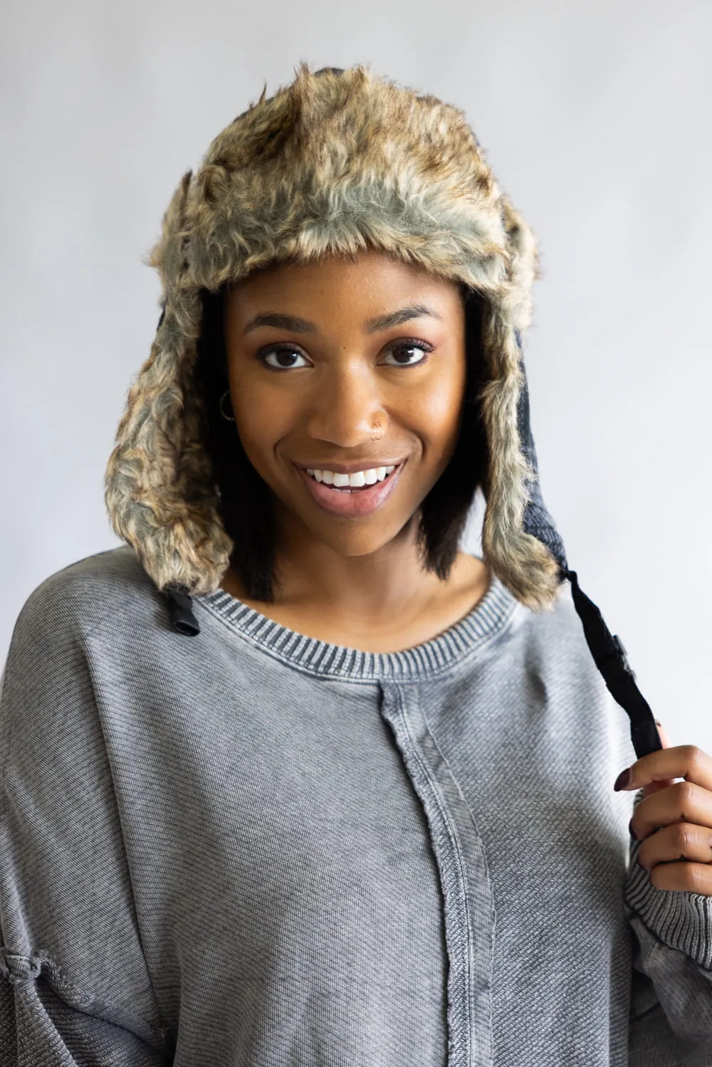 Faux Fur Trapper Hat for Women in Black Plaid | FF06C-BLACK sold by Glik’s product image thumbnail 2
